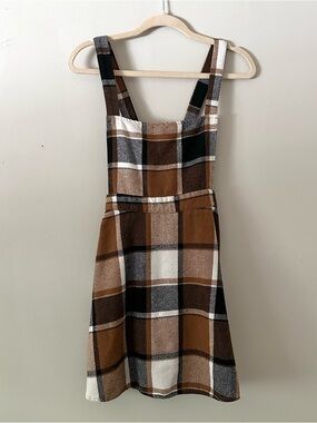 Brown Plaid Pinafore Dress Overall Style Fall Mini Dress Medium